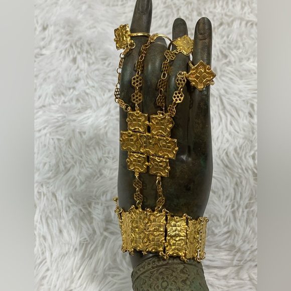 Vintage Gold Plated Sterling Silver Belly Dance Bracelet Rings Jewelry Cuff - Picture 4 of 12